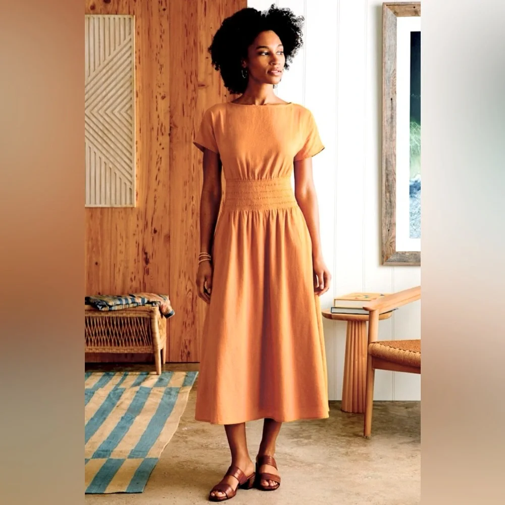 Faherty Coast to Coast Midi Dress Smocked Waist Cotton Honey Mustard Size M NWT - Picture 1 of 14